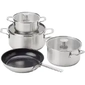 KitchenAid - Stainless Steel Cookware Set: Casserole with Lid (16cm, 20cm, 24cm) + Frypan (24cm) - Silver