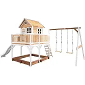 Axi Liam Speelhuis op palen, zandbak, dubbele schommel & witte Glijbaan | Speelhuisje voor de tuin / buiten in bruin & wit van FSC hout | Speeltoestel voor kinderen