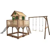 Axi Liam Speelhuis op palen, zandbak, nestschommel & witte Glijbaan | Speelhuisje voor de tuin / buiten in bruin & groen van FSC hout | Speeltoestel voor kinderen