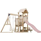 Axi Mette Compleet Speeltoestel met 2 Schommels, Picknicktafel | Speeltoren tuin met Schommels/Zandbak/Glijbaan Pastel Roze /Telescoop| Speelhuis van hout op palen voor buiten