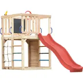Axi Sam Klimtoestel van Hout in Bruin met Glijbaan in Rood | Speeltoren voor kinderen met Klimwand, Klimnet & Klimrek| Inclusief Accessoires | Speeltoestel voor in de tuin