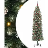 vidaXL Kunstmatige slanke kerstboom met 300 LED Groen en Wit 210 cm