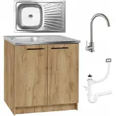 Stamar - Keukenkast 80cm - Onderkast met Spoelbak met één compartiment + kraan + sifon - Eiken Goud