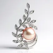 Cavill - Paarse Ming Parel Hanger - 925 Sterling Zilver Gerhodineerd - 9mm Parel - 21 Zirkonia 0,245ct - Elegant Bladmotief - Dames Sieraden