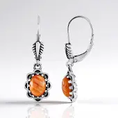 Cavill - Zilveren oorbellen - 925 Sterling Zilver Geoxideerd - Oranje Oester Cabochon 8x6 mm - Desert Chic Stijl - Mexicaanse Edelsteen - Leverback