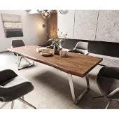 DELIFE Eettafel Edge 260x100cm XL acacia bruin roestvrijstaal zilver schuin Live-Edge