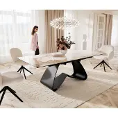 DELIFE Eetkamertafel Edge 180-220x100 keramiek Minas Melange wit-beige W-frame zwart uitschuifbaar