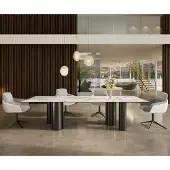 DELIFE Eetkamertafel Edge 300x100 keramiek Calacatta Luxe wit-Gold-grijs Pilier roestvrij staal grafiet