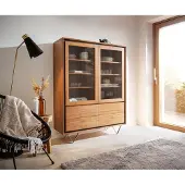 DELIFE Vitrinekast Stonegrace 115x150 acacia natuur 2 deuren 4 laden steenfineer V-poot