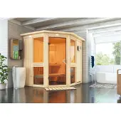 Karibu Sauna Interieurcabine Amelia: Binnen sauna met 2 houten zitbanken in een natuurlijke uitvoering. Wanddikte: 68 mm. Infrarood sauna