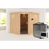 Karibu Sauna, binnencabine, model Malin. Inclusief 3 houten zitbanken, sauna met een wanddikte van 68 mm, stoomsauna en montagemateriaal