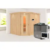 Karibu Sauna, binnensauna, model Malin, hoekopstelling. Oven: 9 kW, , externe bediening, easy. Afmetingen: 245x210x202 cm. Inclusief daklijst en energiebesparende deur
