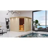Karibu | Malin Sauna | Bronzeglas Deur | Biokachel 9 kW Externe Bediening
