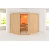 Karibu Sauna, binnensauna, model Malin, met hoekopstelling, zonder accessoires, afmetingen 231x196x198 cm, zonder daklijst, met deur van helder glas