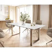 DELIFE Eettafel Edge 200x100 keramiek Laminam Statuarietto wit roestvrij staal smal