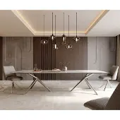 DELIFE Eetkamertafel Edge 300x100 keramiek Minas Melange wit-Beige Estelar rond roestvrij staal