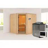 Karibu Sauna Jarin (Eckeinstieg), volledig glazen deur, bronskleurig, 9 kW verwarming met externe, eenvoudige bediening