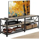 TecTake TV-meubel met open planken - 3 niveaus - Lowboard voor TV's tot 55 inch - Houten TV-dressoir - Industrieel design - Zwart metalen frame - Afmeting (LxBxH) 141 x 41,5 x 50,5 cm - Lichtbruin