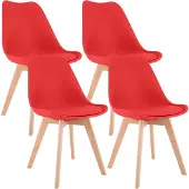 CLP Set van 4 eetkamerstoelen Linares, bekleed met rugleuning, frame van beukenhout | Kleur: rood, materiaal: kunststof