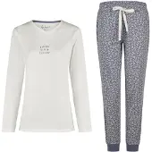 Louise Dames pyjama set lang v-hals off-white/donkerblauw gebloemd