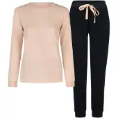 Louise Dames winter pyjama set lang badstof roze/donkerblauw gestipt
