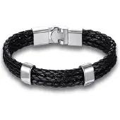 Victorious Leren Armband Heren – Drie Stroken Gevlochten Leer – Zwart/Zilver – 22cm