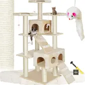 TecTake Krabpaal & Klimmeubel – 2 Huisjes, 3 Platforms & Speelmuizen – 56 x 51 x 186 cm – Beige