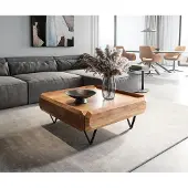 DELIFE Salontafel Kiano 90x90 cm Acacia Natuur 2 Laden V-voet Zwart