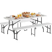 LifeGoods Inklapbare Picknickset - 180cm x 74cm - Tuintafel met 2 Banken - Weerbestendig - Campingtafel - Biertafel Opklapbaar - Voor Binnen en Buiten - Voor 6 tot 8 Personen - Wit