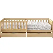 Sunny Isa Kinderbed van Hout met 2 Lades | Bed in Houtkleur Zonder Matras | Kajuitbed met Valbeveiliging | 206x98cm | Voor Matrasmaat 90 x 200 cm