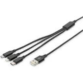 Digitus AK-300160-010-S USB-laadkabel Apple Lightning stekker, USB-A stekker, USB-C stekker, USB-micro-B stekker 1.00 m Zwart Extreem robuust gevlochten
