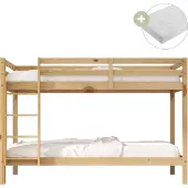 Sunny Jip Stapelbed van Hout in Houtkleur | Kinderbed Inclusief 2 Hybrid Matrassen 90x200 (14 cm, Hybrid foam, polyester hoes) | Volledige afmetingen (LxBxH): 208 x 97 x 140 cm