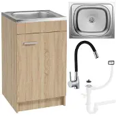 Stamar - Keukenkast 50cm - Onderkast met Spoelbak met één compartiment + kraan + sifon - Eik Sonoma