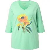 Ulla Popken - Dames - Shirt zonnebloem A-lijn V-hals 3/4-mouwen - Lichte munt - Maat 46+