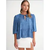 MixRay Denimachtige Gerimpelde Ballonmouw Blouse
