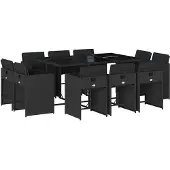 vidaXL 11-delige tuinset met kussens, zwart, van polyrotan