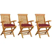 vidaXL Tuinstoelen 3 st met wijnrode kussens massief teakhout