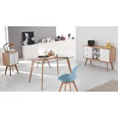 STONES De Carlotta-stoel heeft een beklede zitting van blauw kunstleer en poten van beukenhout – een modern design voor woonkamers en kantoren