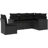 vidaXL 5-delige Loungeset met kussens poly rattan zwart