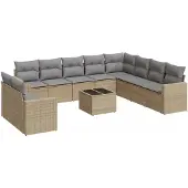 vidaXL 11-delige Tuinset met kussens poly rattan beige