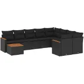 vidaXL 10-delige loungeset voor de tuin met kussens, zwart, polyrotan