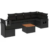 vidaXL 7-delige Loungeset met kussens poly rattan zwart
