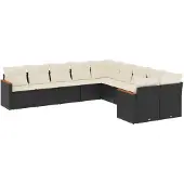 vidaXL 10-delige Loungeset met kussens poly rattan zwart