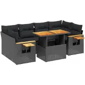 vidaXL 7-delige Loungeset met kussens poly rattan zwart
