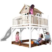 Axi Liam Speelhuis op palen, zandbak & witte Glijbaan | Speelhuisje voor de tuin / buiten in bruin & wit van FSC hout | Speeltoestel voor kinderen