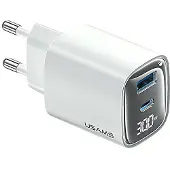 Usams oplader, 30W GaN, LED, USB+USB-C, wit (model CC229)