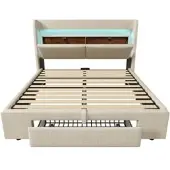 MODFU Bedframe 160x200 cm, gestoffeerd linnen beige, met opbergruimte en LED-hoofdbord