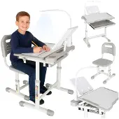 Kik KX2974 Verstelbaar kinderschrijfbureau met stoel en ledlamp, witgrijs