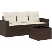 vidaXL 4-delige Loungeset met kussens poly rattan bruin