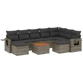vidaXL 10-delige loungeset voor de tuin met kussens, grijs, polyrotan